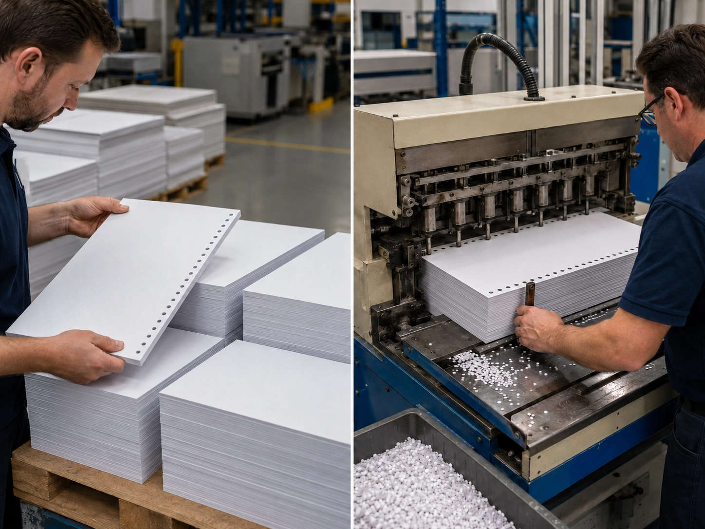 Production line comparison of pre-punched paper stock versus in-house die punching for commercial binding operations